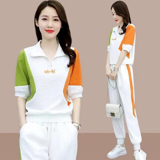 Fashion Suit Women's Casual Sportswear Summer Loose Short-sleeved All-match Leggings Pants Age-reducing Western Style Two-piece Suit