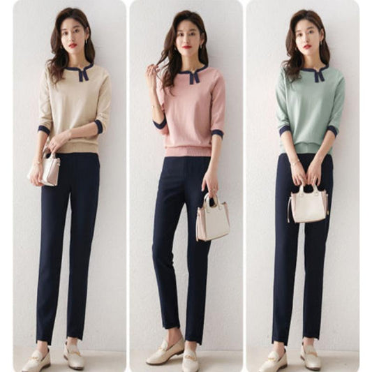 Contrast Color Design Sense Asymmetric Ladies Shirt Sweater Knitted Sweater Ice Silk Three-quarter Sleeve Pullover