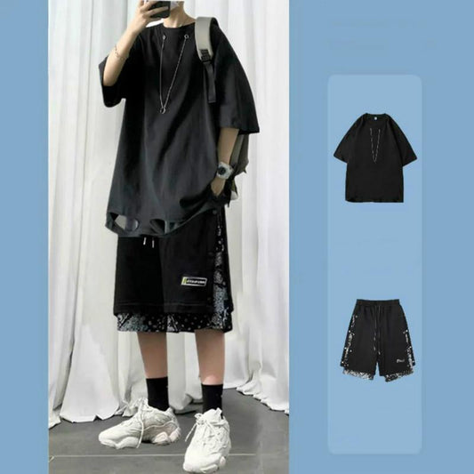 Summer Ruffian Handsome Fried Street Short-sleeved Shorts Suit Male Trend Handsome A Suit of Clothes Student Loose Five-point Sleeve T-shirt