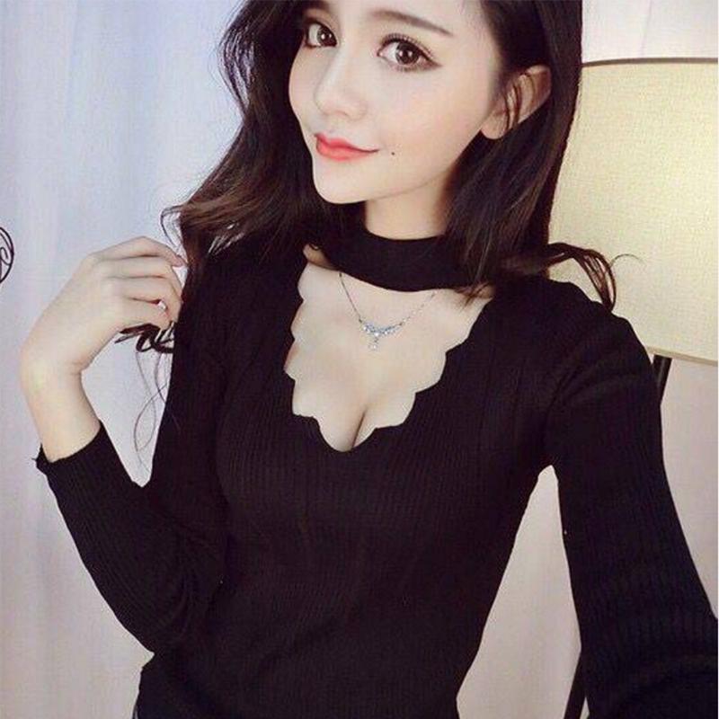 Pullover V-neck long-sleeve T-shirt female black top sexy knitted bottoming sweater pullover