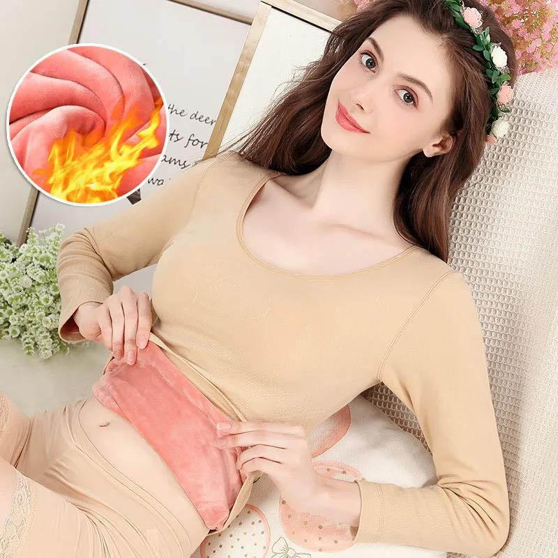 WTEMPO Plus Velvet Bottoming Shirt Women Autumn and Winter All-match Thick Round Neck Slim-fit Inner Warm Clothes