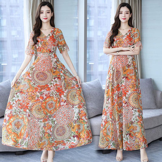 Dress Summer Women's Large Size Chiffon Waist Waist Was Thin Floral Long Skirt A-line Version Long Skirt Large Skirt Waist Waist Was Thin Beach Dress
