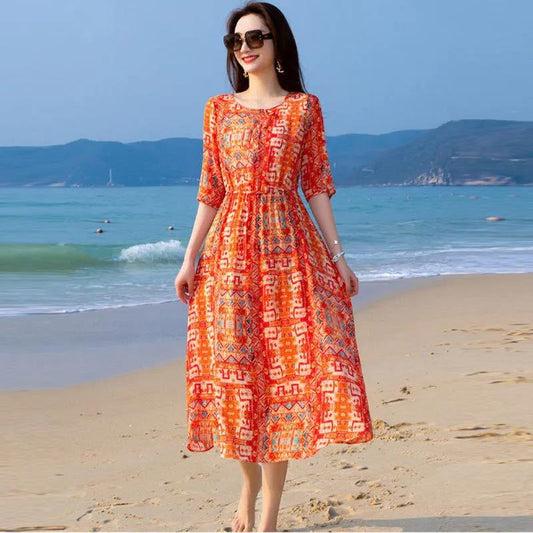 Women's Summer Plus Size Dress Loose Long Dress Printing Slim A-line Skirt