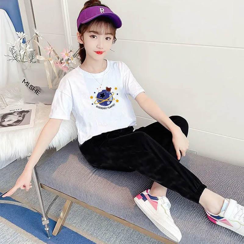 Girls Summer Suits Sports Leisure Children's Pants Long Feet + Cartoon Printing Short Sleeve Top Two-piece Set