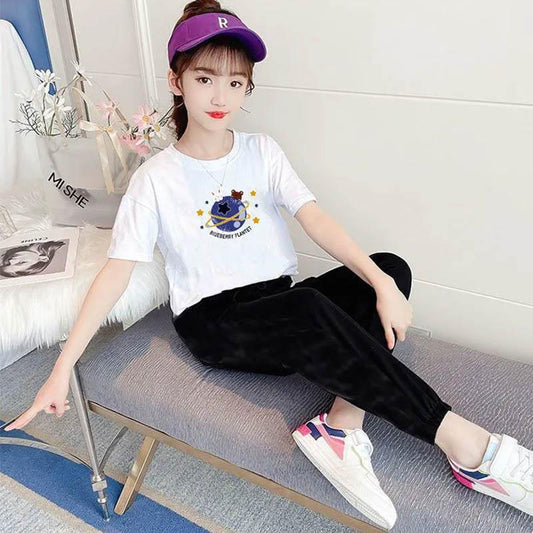 Girls Summer Suits Sports Leisure Children's Pants Long Feet + Cartoon Printing Short Sleeve Top Two-piece Set