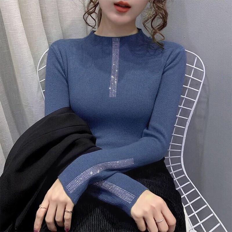 Autumn and Winter Thickening Imitation Diamond Wool Sweater Long-sleeved Casual Slim Half High Neck Ladies Sweater