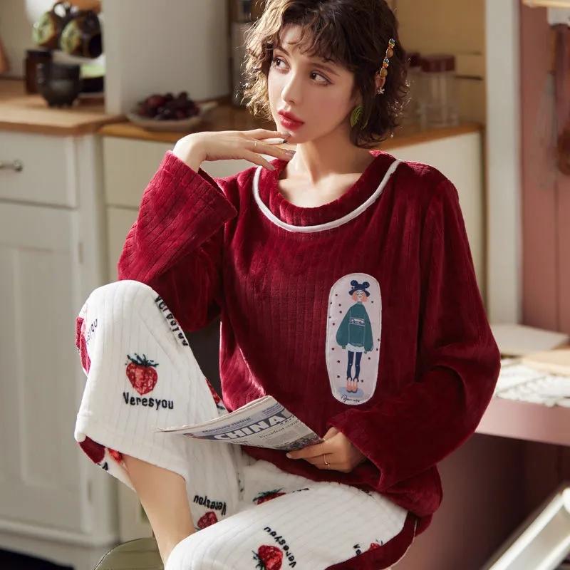Women's Pajamas Set Winter Pyjamas Suit Thick Warm Sleepwear Long Sleeve Pullover Nightwear Cute Coral Flannel Casual Loose Home Wear Tops Pants