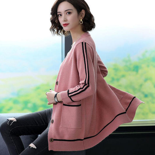 Spring and Autumn All-match Jacket Striped Pattern Mid-length Sweater Fashion Simple Style Female Top