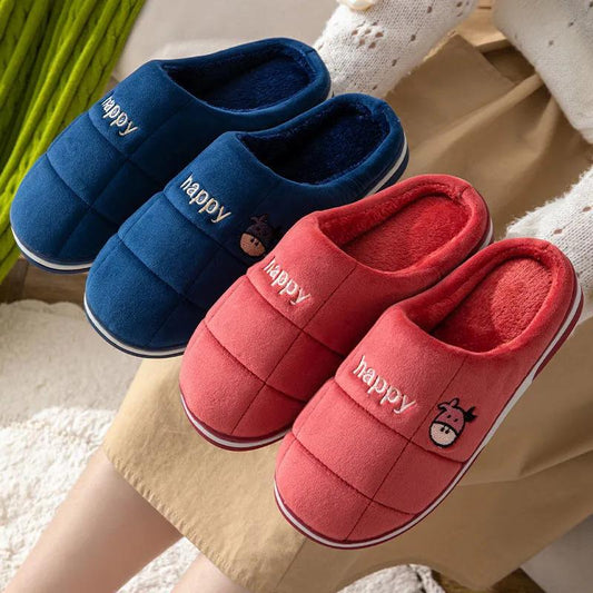 Winter Slippers Women Plaid Embroidery Non Slip Warm Men Slides Thick Fleece Warm Slippers Plus Size Shoes