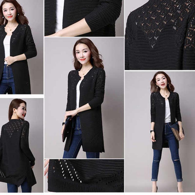 Spring and Autumn Mid-length Sweater Knitted Cardigan Hollow Top Solid Color All-match Female Jacket