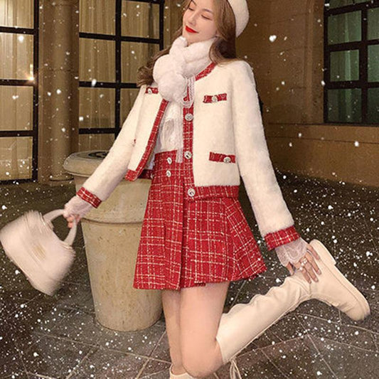 2pcs/set Women's Sets Two-piece Female Skirt Suit Red Woolen Coat and Plaid Pleated Skirt 2 Piece Set Ladies Outfits