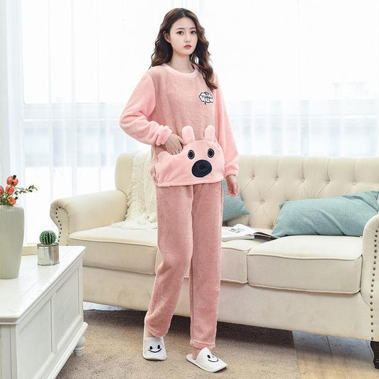 Autumn and Winter Coral Fleece Women's Pajamas Keep Warm Cute Student Flannel Long Sleeves Can Be Worn Outside Home Clothes