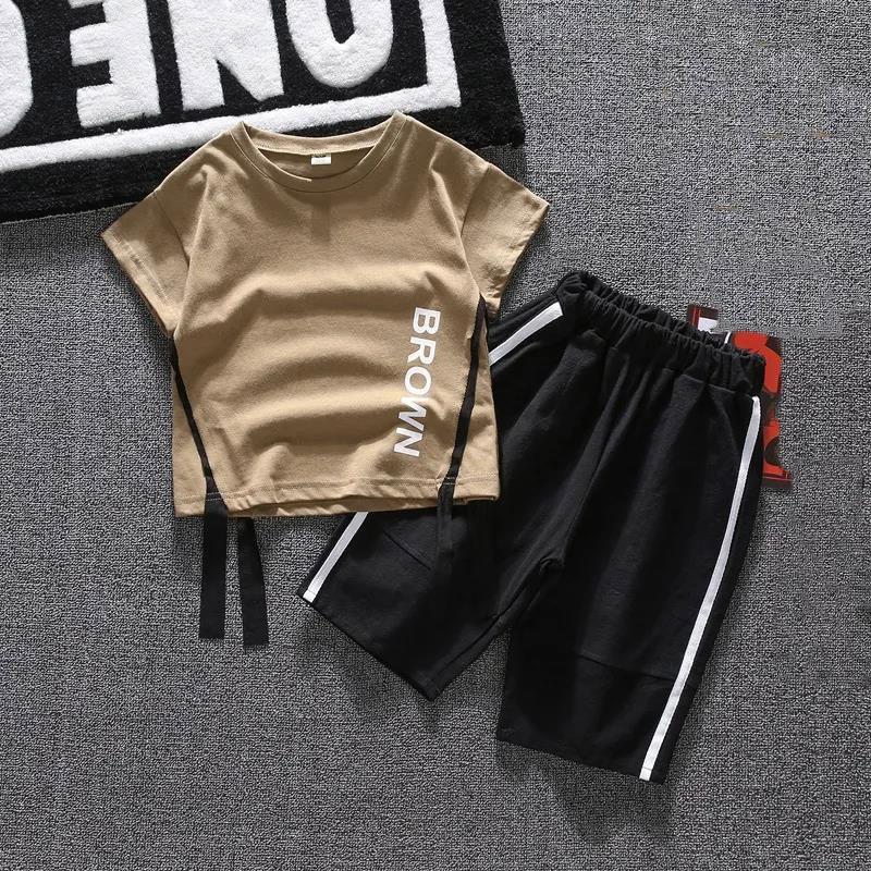 Children's Suit Summer Thin Boys' Korean Printed Letter Ribbon Loose T Shirt Stripe Shorts Casual Pants 2 Piece Set