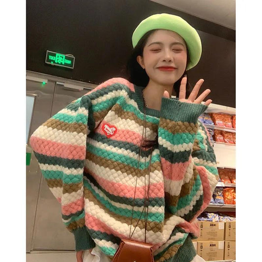 Japanese Color Striped Sweater Sweater Women's Autumn and Winter Loose Round Neck College Style Couple Pullover Top Coat