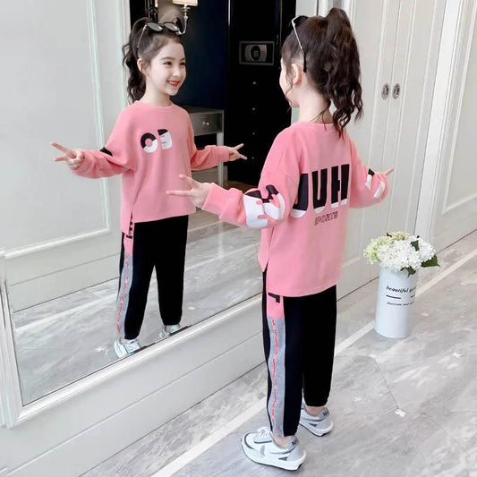 Girls' Suits Spring Clothes Korean Version Children's Spring and Autumn Loose Sweater Sports Comfortable Leisure All-match Two-piece Suit
