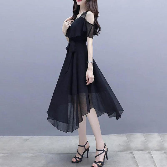 Black Dress Female Summer Mid-length Section Was Thin Chiffon Slim Temperament Off-shoulder Dress A-line Version Skirt Waist Was Thin