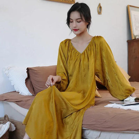 Women's Autumn Nightdress Ice Silk Backless Comfortable High Quality Pajamas Sexy Deep V Homewear Out Wear Loose Solid Color Printing Nightdress