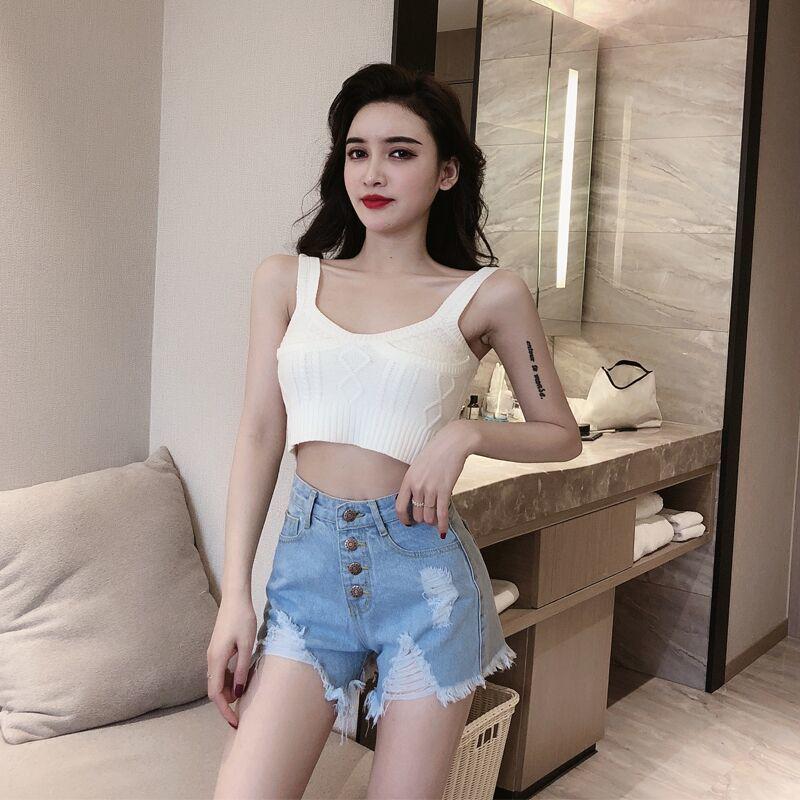 WTEMPO Net Red High Waisted Breasted Denim Shorts Female Summer Retro Slim Thin Hole Sexy Pants Tide