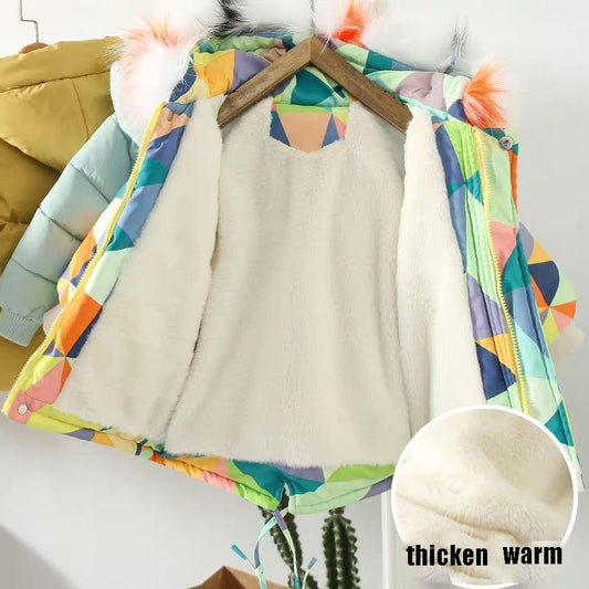 Kids Parkas for Girls Winter Thick Warm Hooded Faux Fur Coat Rhomboid Printed Parka Jacket with Detachable Faux Fur Collar Outwear