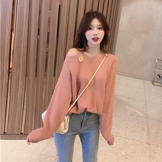 Autumn and Winter Loose Pullover Sweater Feminine Off-shoulder Long-sleeved Knitted Solid Color Warm Bottoming Top