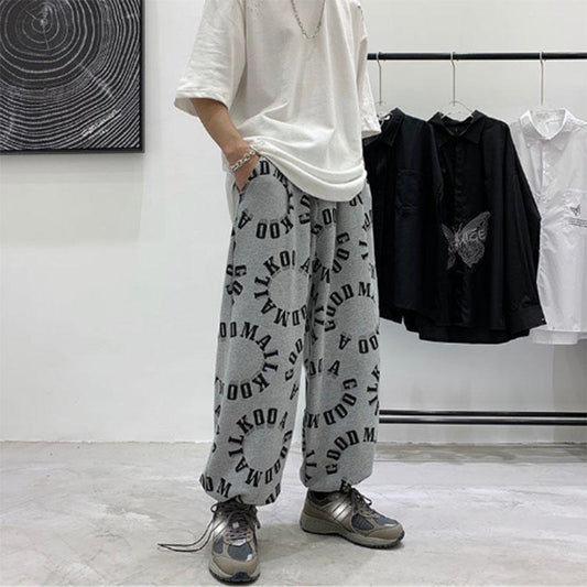 Casual Pants Men's Letters Full Print Loose Wide-leg Drawstring Sports Pants Leggings Men's Trend All-match