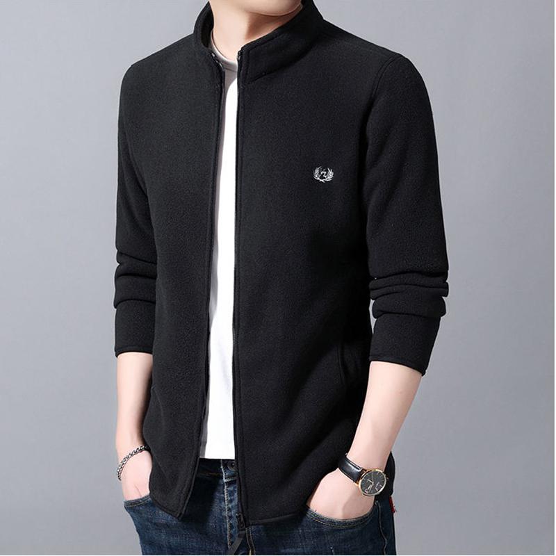 Men's Stand Collar Fleece Jacket Long Sleeve Warm Casual Jacket Double Sided Fleece Solid Color Cardigan Soft Fabric Zipper Jacket