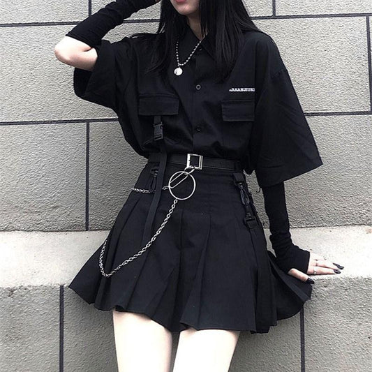 Hip-hop Style Women Sexy Black Cool Girls Shirt Skirt Spring and Summer Two-piece Skirt Suit