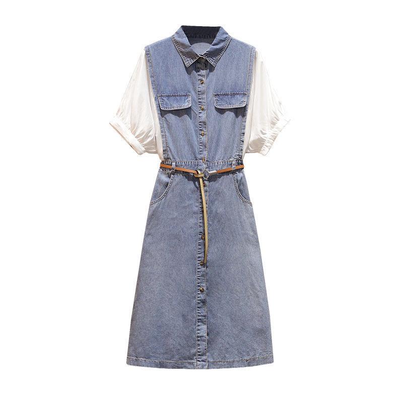 Summer Plus Size Dress Women Fake Two-piece Shirt Dress Midi Denim Dress with Belt