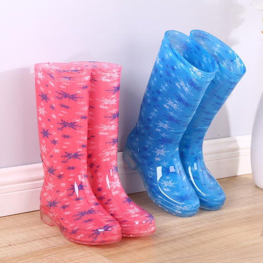 Rain Boots Women Print PVC Waterproof Shoes for Girls Knee-high Slip on Anti Skip Boots Long Tube Boots Fashion Size 36-41