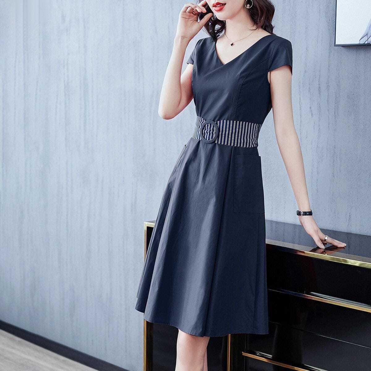 Summer Fashion All-match V-neck Dress Women's Waist Over-knee Long Skirt Casual Solid Color Short-sleeved Slim Dress