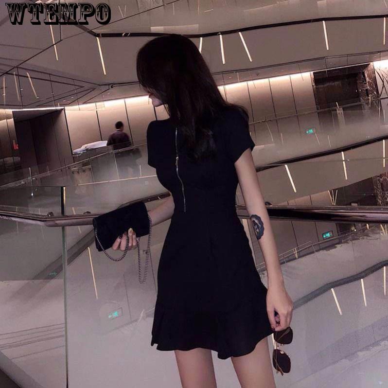 Dresses Women's Temperament Lazy Style Thin Ruffled Waist Black Skirt Zipper