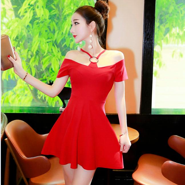 Summer Halter Strap Dress Slim Sexy Slash Neck Off Shoulder Dress Short Sleeve Dress