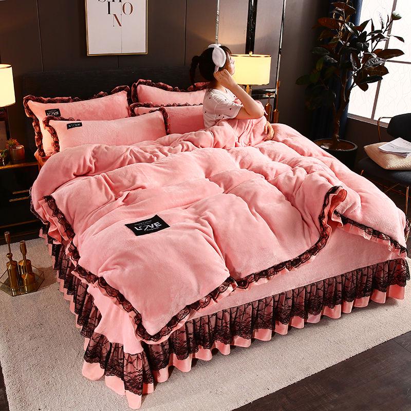 Grey Winter Fleece Bedding Set Duvet Cover Flannel Fleece 4pcs Home Bed Set Bed Linens Warm