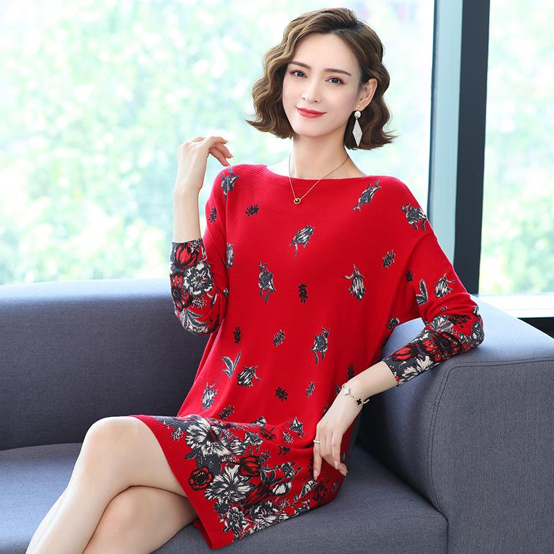 Spring and Autumn Women's Printed Dress Mid-length Knitted Bottoming Shirt Retro Western Sweater Dress