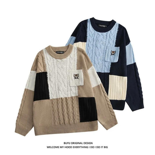 The New Japanese Autumn and Winter Retro College Style Bear Color Matching Sweater for Men and Women Students Couples Knit Sweater Jacket Men