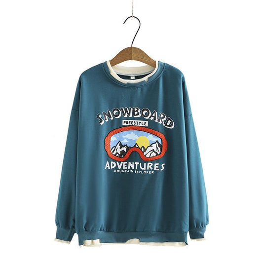 Plus Size Women's 2021 Autumn Thin Section Fake Two Piece Stitching Round Neck Sweater Fashion Printing Pullover