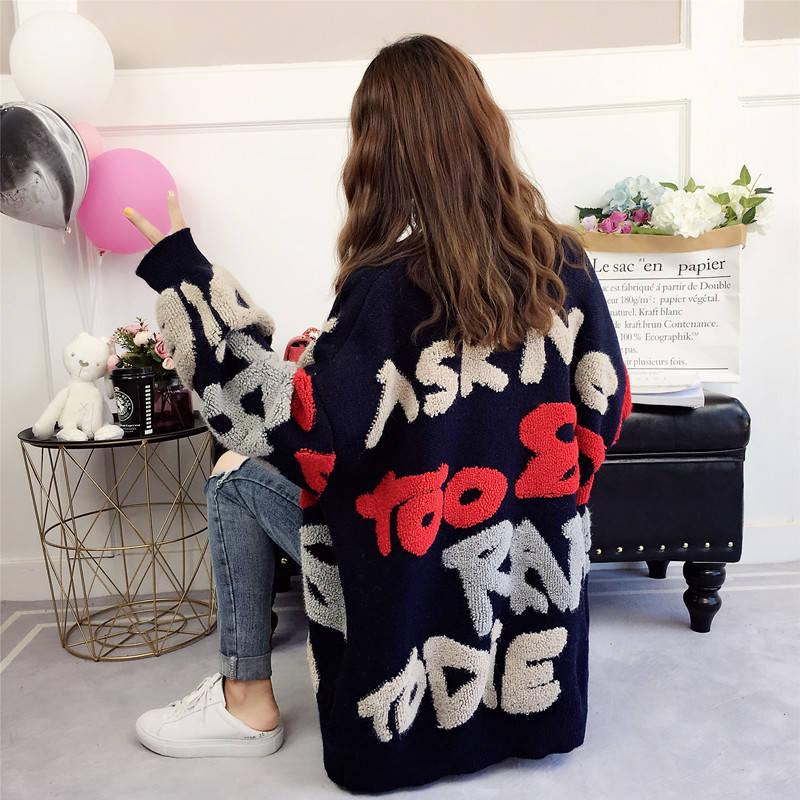 Autumn and Winter Women's Letters Loose Knitted Jacket Long-sleeved Sweater Cardigan Women