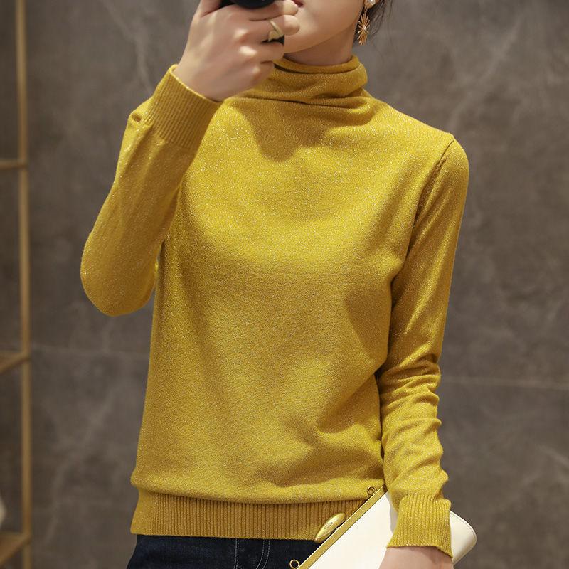 Women Solid Shiny Lurex Sweaters Autumn Winter ladies Long Sleeve Pullover Tops Heaps Collar knit Sweater
