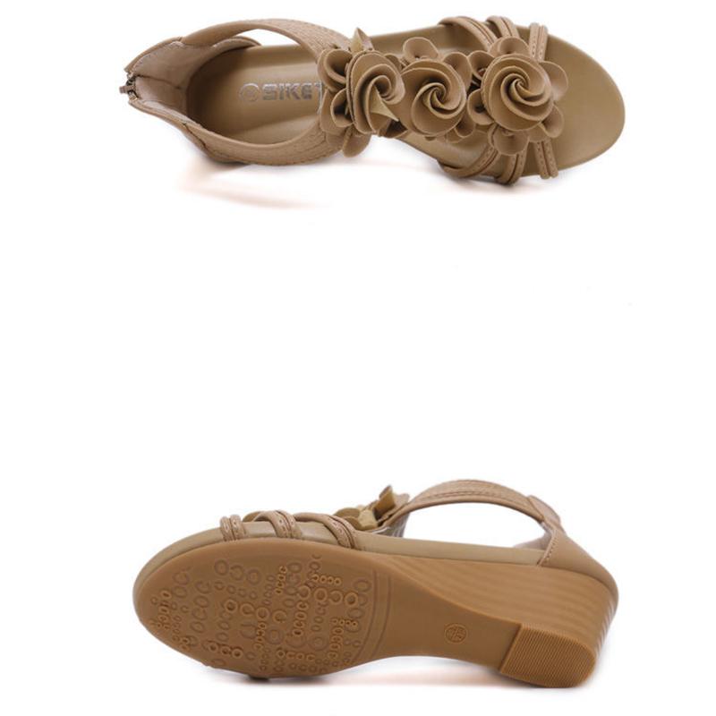 Sandals Women's Mid-heel 2021 Summer Slope Heel Back Zipper Bohemia All-match Flower Slippers Roman Shoes