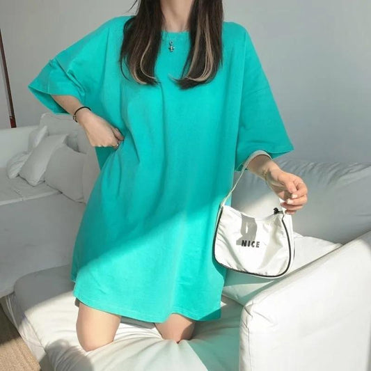 Nightdress Women's Summer Candy Color Short-sleeved Thin Home Clothes Simple Solid Color Student Summer Pajamas Outside Long Short-sleeved T-shirts
