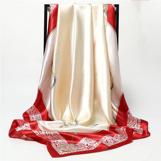 Square Silk Imitation Satin Women Elegant Scarf Flower Wrap Shawl All-match Headscarf Sunscreen Gauze Shawl