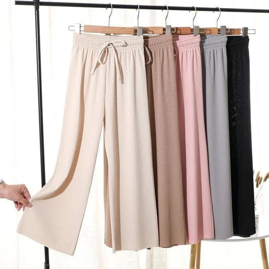 Ice Silk Pendant Wide Leg Pants Women's Spring and Summer Nine Points Straight Pants High Waist Slim Casual Pants Girls Loose Cool Pants