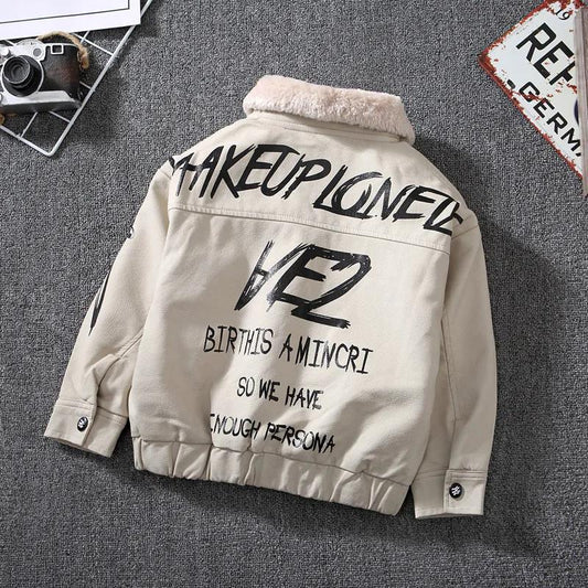 Boy's Jacket Autumn and Winter Models In The Big Children's Leather Jacket Korean Version Plus Velvet Thick Coat Pu Leather Jacket Trend