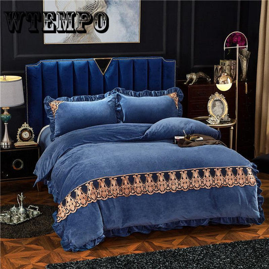 Bedding Set 4pcs/set Lace Duvet Cover Flat Sheet Pillowcase Flannel Winter Warm Bed Linen