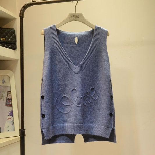 Women Knitted Vests Autumn New Korean Version of Wild V-neck Sweater Vest Women Loose Button Sleeveless Sweater Vest