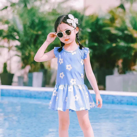 Baby Girls Swimwear Backless Cute Flower Printed One-Piece Swimsuit Summer Kids Lotus Leaf Sleeve Pleated Skirt Beachsuit