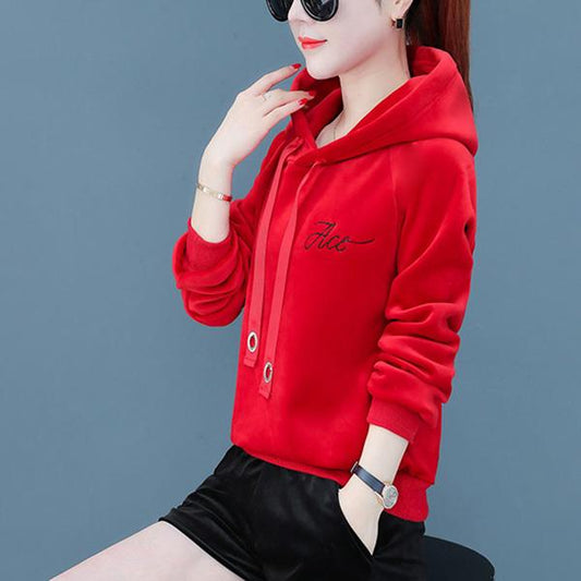 Autumn and Winter Hooded Embroidered Sweater Thickened Double-faced Fleece Jacket Women's Pullover Long-sleeved Top