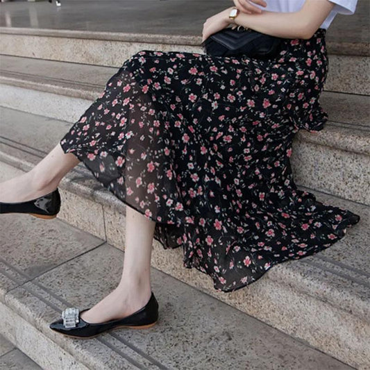 Chiffon Skirt Women's Spring and Summer Mid-length Floral Skirt High Waist Thin Irregular Ruffled Skirt