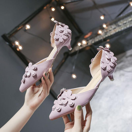 Korean Version Sweet Versatile Pointed Toe Single Shoes Women's High Heels 3cm Hollow Flower Low-heeled Small Stiletto Low-heeled Shoes