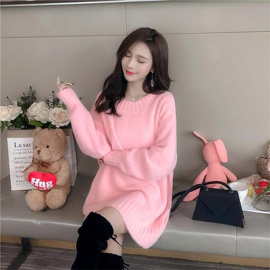 Women's Sweater Mid-length Loose Bag Hip Skirt Bottoming Round Neck Pullover Sweater Autumn and Winter